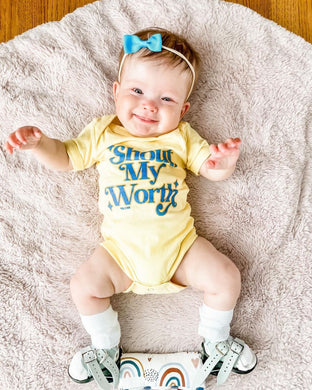 Shout My Worth (2022 Design Blue and Yellow) Babies Onesie